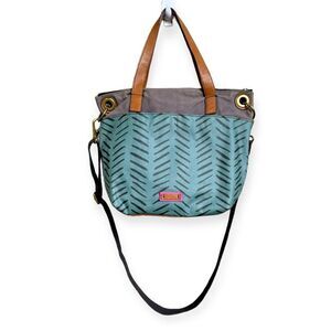☀️SALE☀️ Fossil Keely Herringbone Teal Green Black Coated Canvas Tote Crossbody
